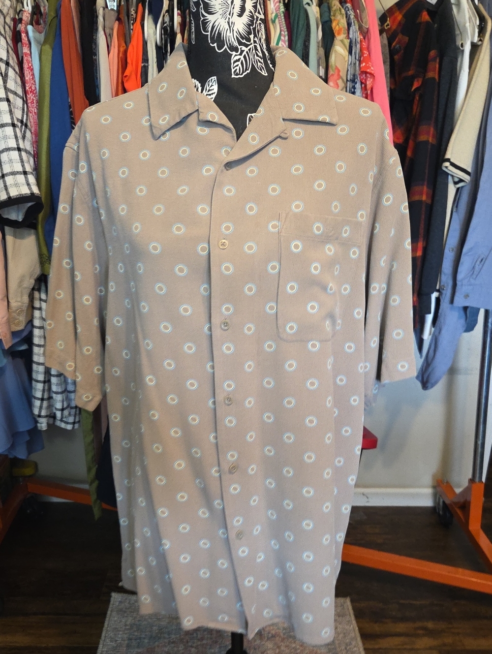 Paul Fredrick Taupe Short-Sleeve Shirt Jacket with White Ring Print